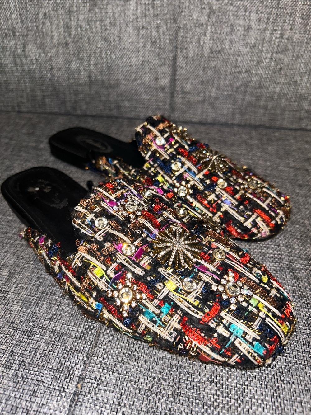 Atalina - Embellished Multi-Color Tweed Slip-On Mules
